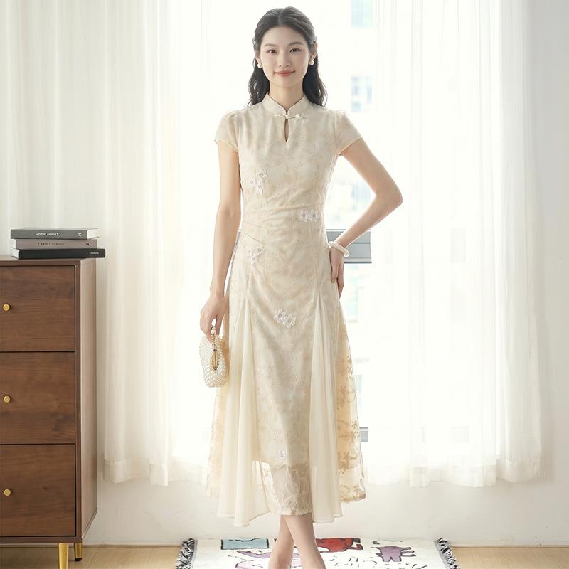[Spot] Summer new new Chinese stand-up collar embroidery gentle temperament medium and long retro dress women's dress