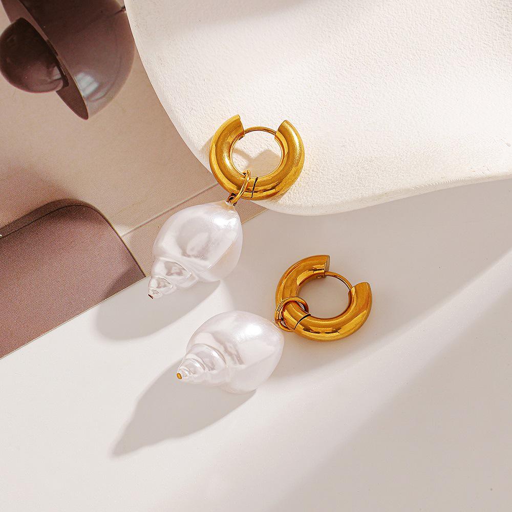 Ying Tai Stainless & Titanium Steel Earrings with Seashell Imitation Pearl, High Polish 18K Gold Vacuum Plating, Non-Fading Women's.