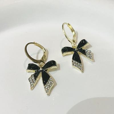 Black Enamel Oil Crystal Bow Drop Earrings for Women New Trendy Round Hoop Earrings Wedding Party Elegant Golden Color Jewelry