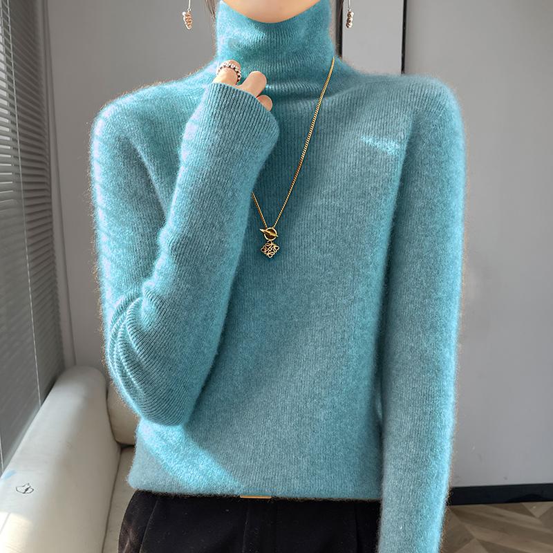Осень-зима Женский новый шерстяной свитер с воротником-ворсом однотонный тонкий пуловер нижняя часть рубашки повседневный теплый вязаный топ M небесно-голубой 2098₽
