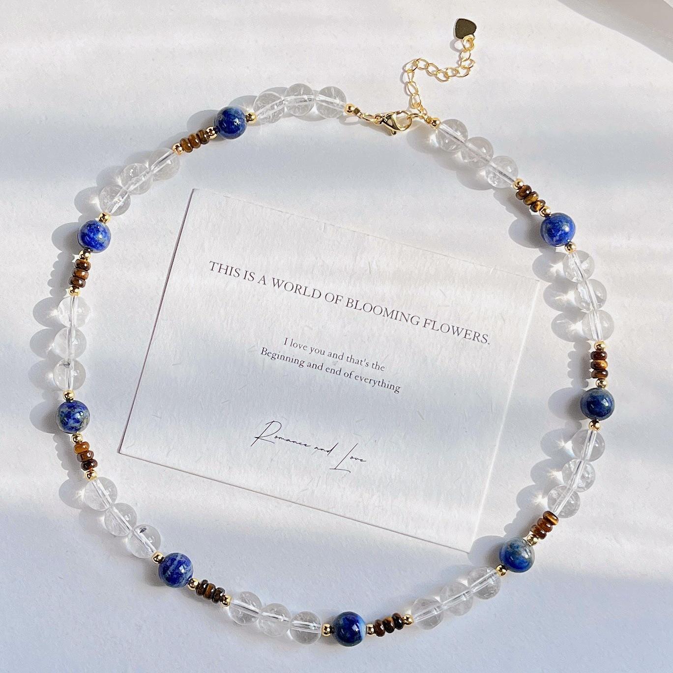 

8Mm Natural White Crystal Lapis Lazuli Tiger S Eye Stone Design Sense Collarbone Chain Necklace Basic Model