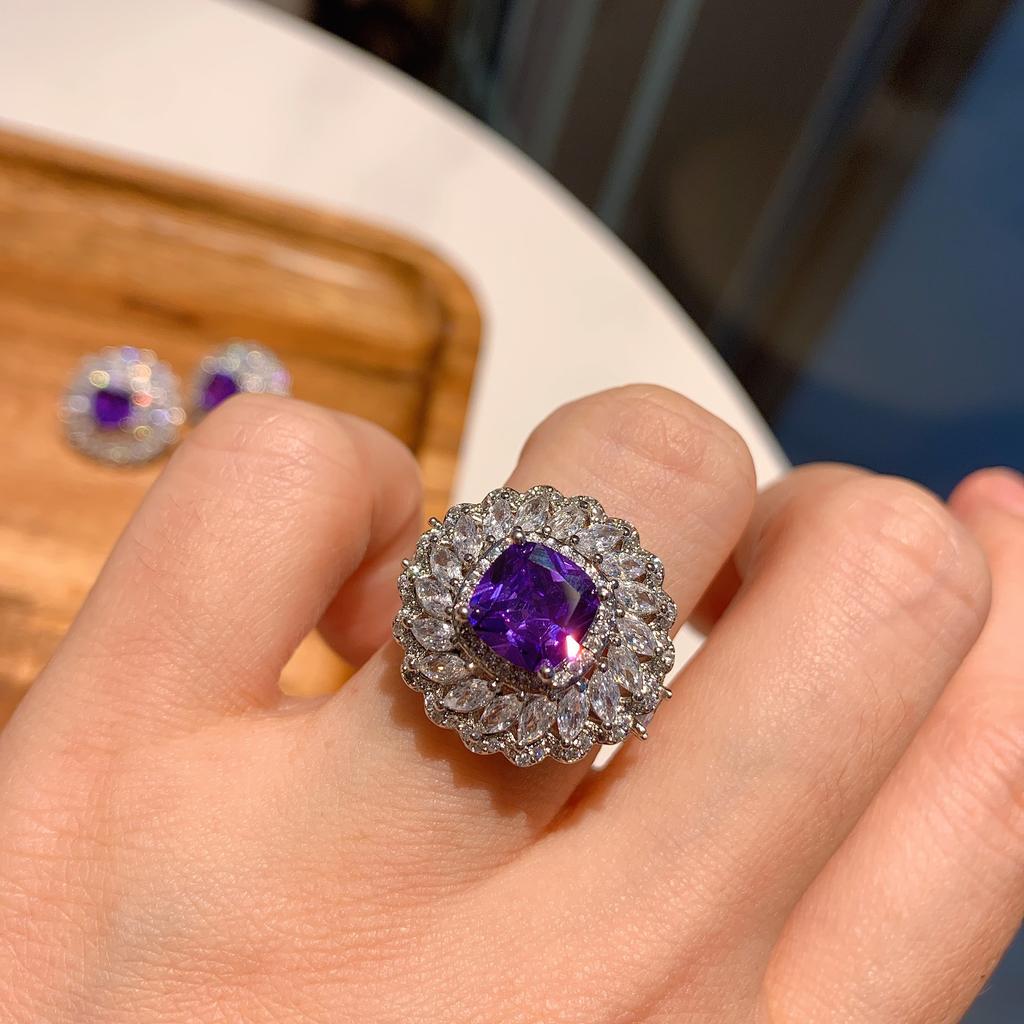 Jewelry Retro Imitation Pigeon Purple Blue Zirconium Square Luxury Inlaid Pendant Earrings Ring Jewelry Set