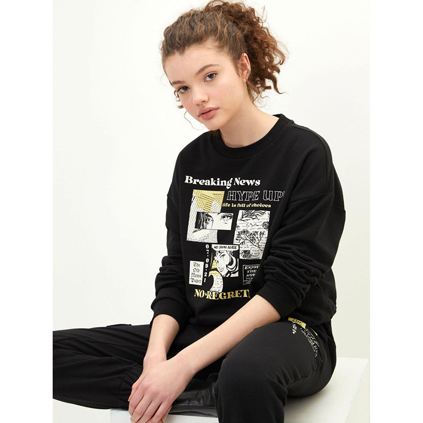 

LCW CASUAL Женская толстовка с круглым вырезом и длинными рукавами с принтом, черная