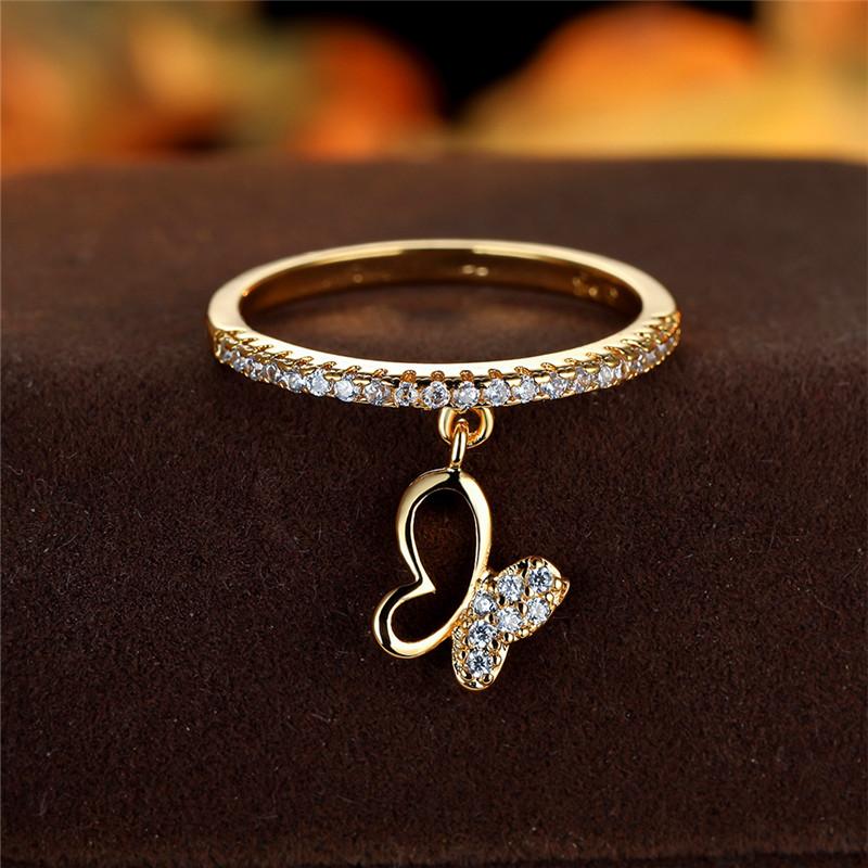 Luxury Female Crystal Butterfly Pendant Rings Gold Silver Color Engagement Ring Charm White Zircon Wedding  For Women