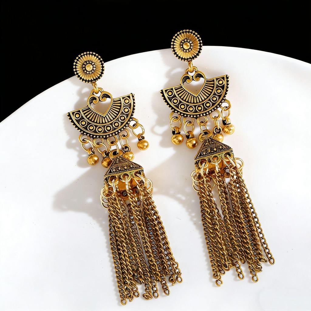 Vintage Fan-Shaped Tassel & Bell Earrings - Retro Ethnic Style for Women