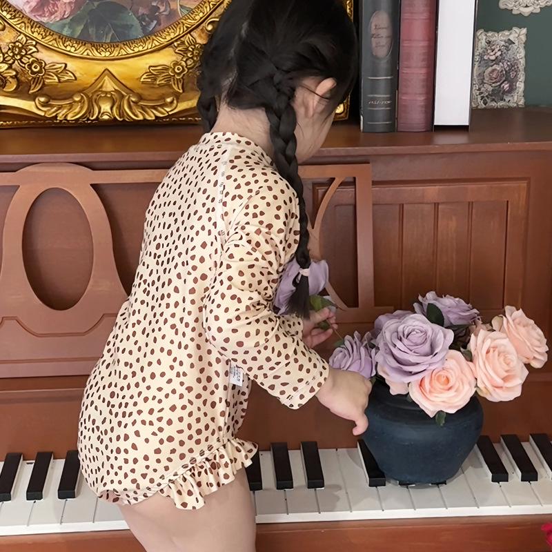 Korean Style Leopard Print Long Sleeve One-Piece Swimsuit for Girls