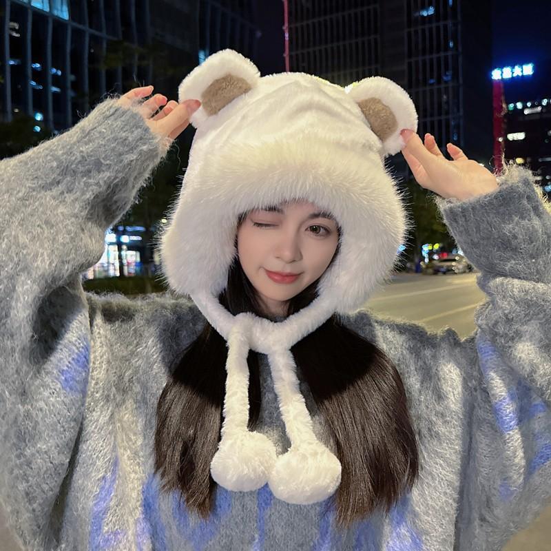 Cute Bear Ears Hairy Hat Women's Winter Versatile Ear Protection Bag Head Hat Thickened Warm Bag Head