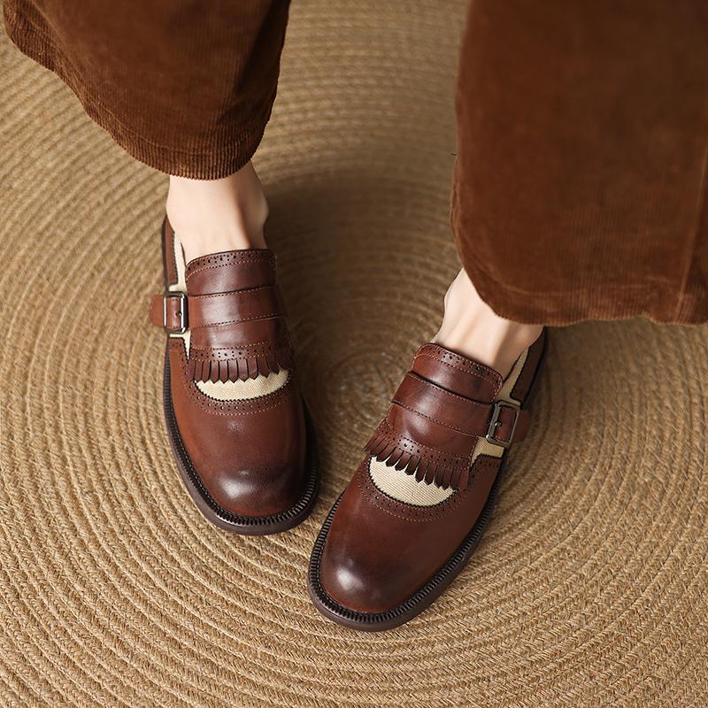 Fashion 2025 New Spring Retro Round Toe Leather Mid-heel Shoes for Women Retro High Heel Street Fashion Casual Shoes Pumps Women Shoes