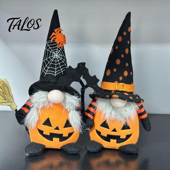 Pumpkin Theme Home Decor Halloween Plush Gnome Decoration, Spooky Orange Black Spider Web Bat Swedish Room Tomte Elf Figurine, Scandinavian