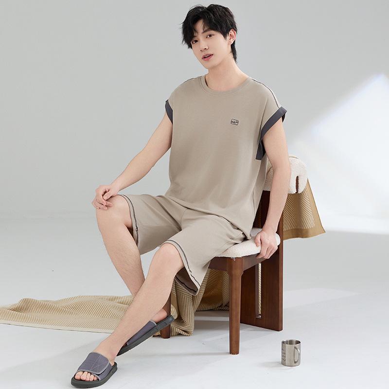 7A Antibacterial Plus Size Cotton Pajamas for Men - Short Sleeve & Shorts, Cooling, Round Neck, Summer Outerwear/Loungewear