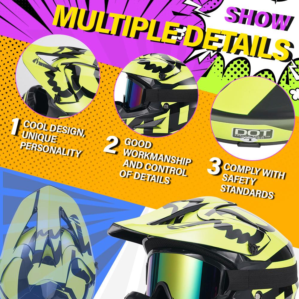 Motocross Helmet DOT Certified - Adult Off-Road Motorcycle Helmet with Goggles & Gloves Set, Full Face Protective Gear for MX AT