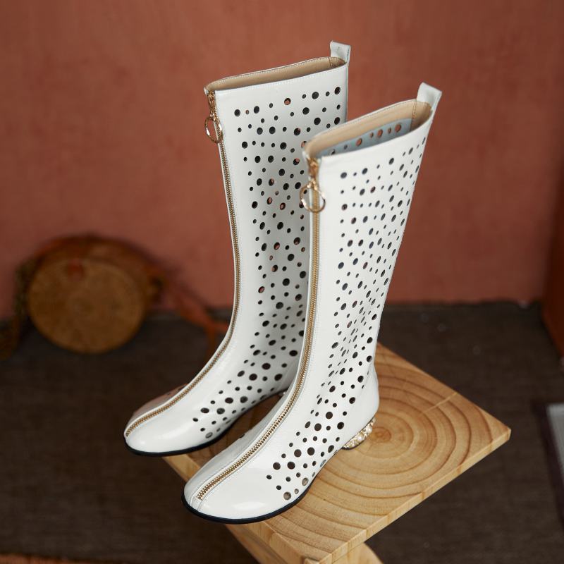 Krazing Pot – bottes d'été à bout rond en microfibre, décorations creuses à la mode, bottes d'été, cuissardes hautes