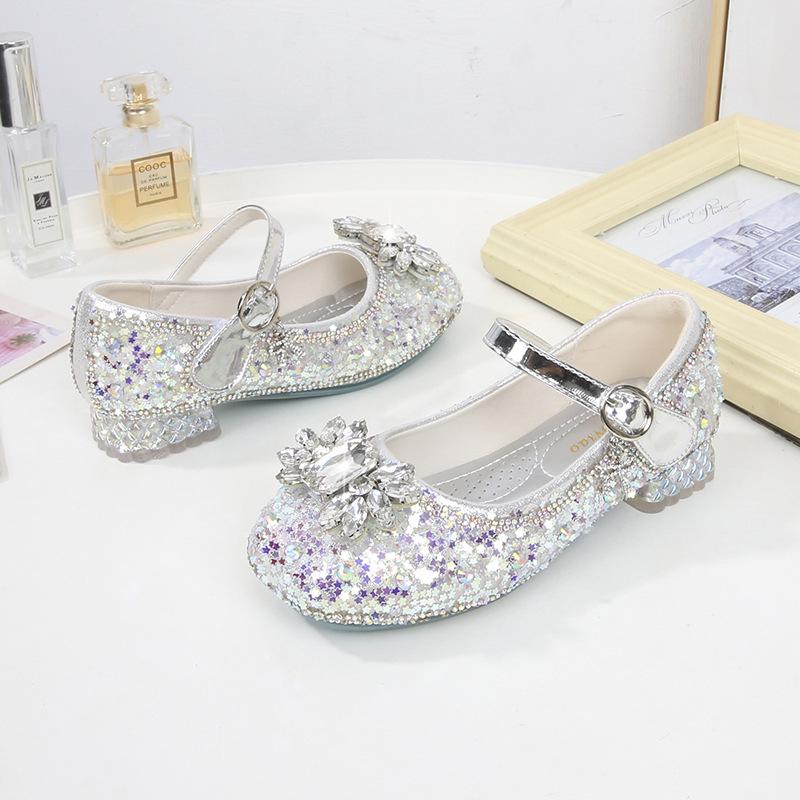 

2024 Новые осенние туфли Crystal Princess Sequin на высоком каблуке из кожи для девочек Size 30 - 19.00 cm
