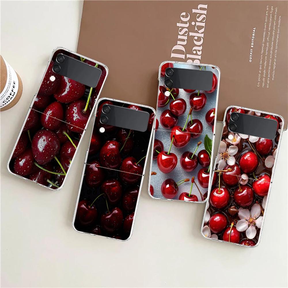 Transparent Phone Case For Samsung Galaxy Z Flip 3 4 5 6 7 Hard Folding PC Z Flip3 Flip4 Cover Red Cherry