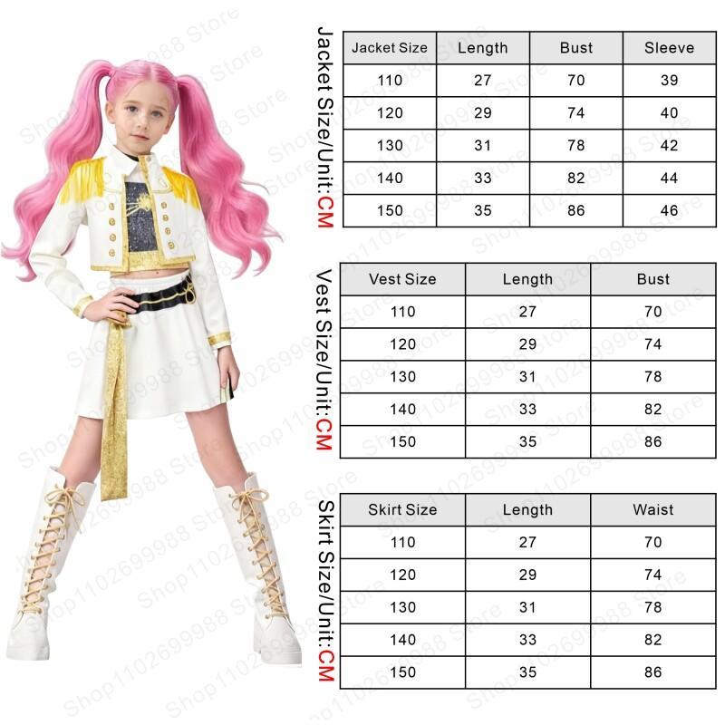 Film K Pop Démon Mira Bílý Třídílný Kostým 3D Tištěná Bunda Vesta Sukně Set Dívčí Halloweenská Párty Lovci Cosplay Oblečení