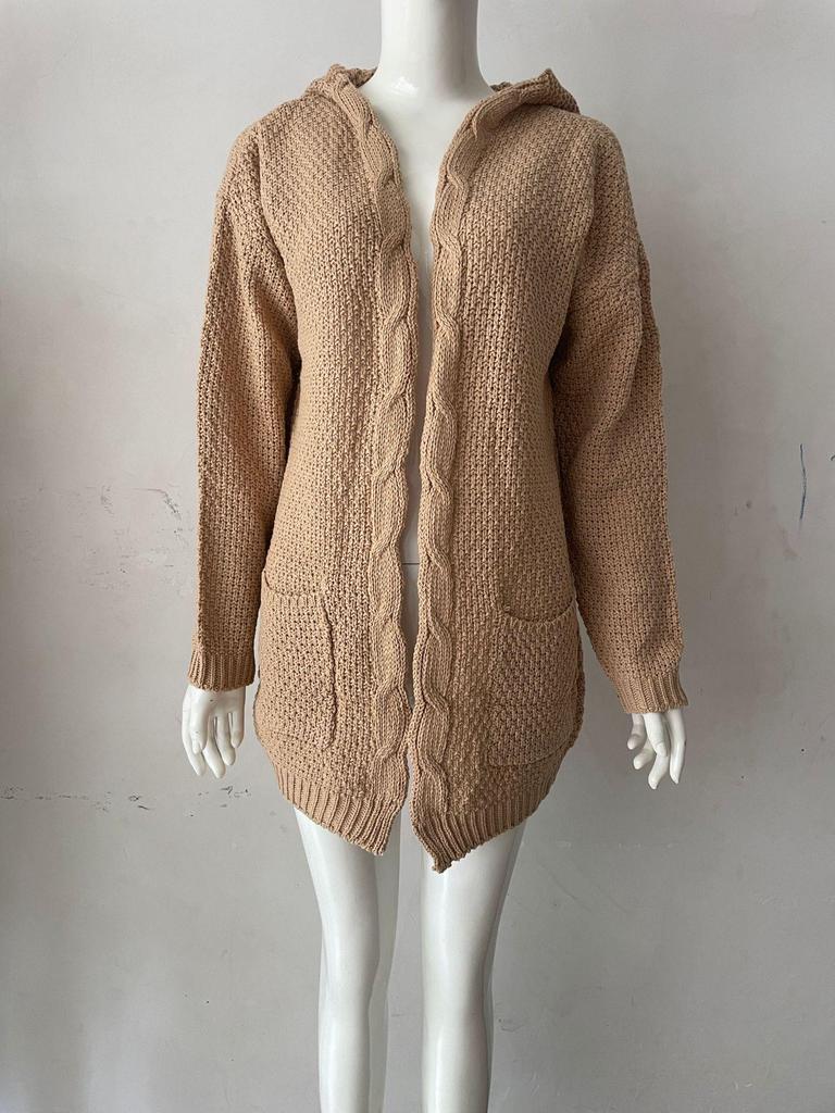 Damen Casual Kapuzen-Cardigan-Pullover - Mittellang, Grobstrick, Winter 2025