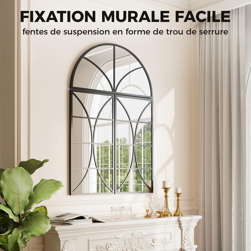 Arched Wall Mirror Set of 3, Window-Shaped, Tempered Glass, 80 x 120 cm, Black