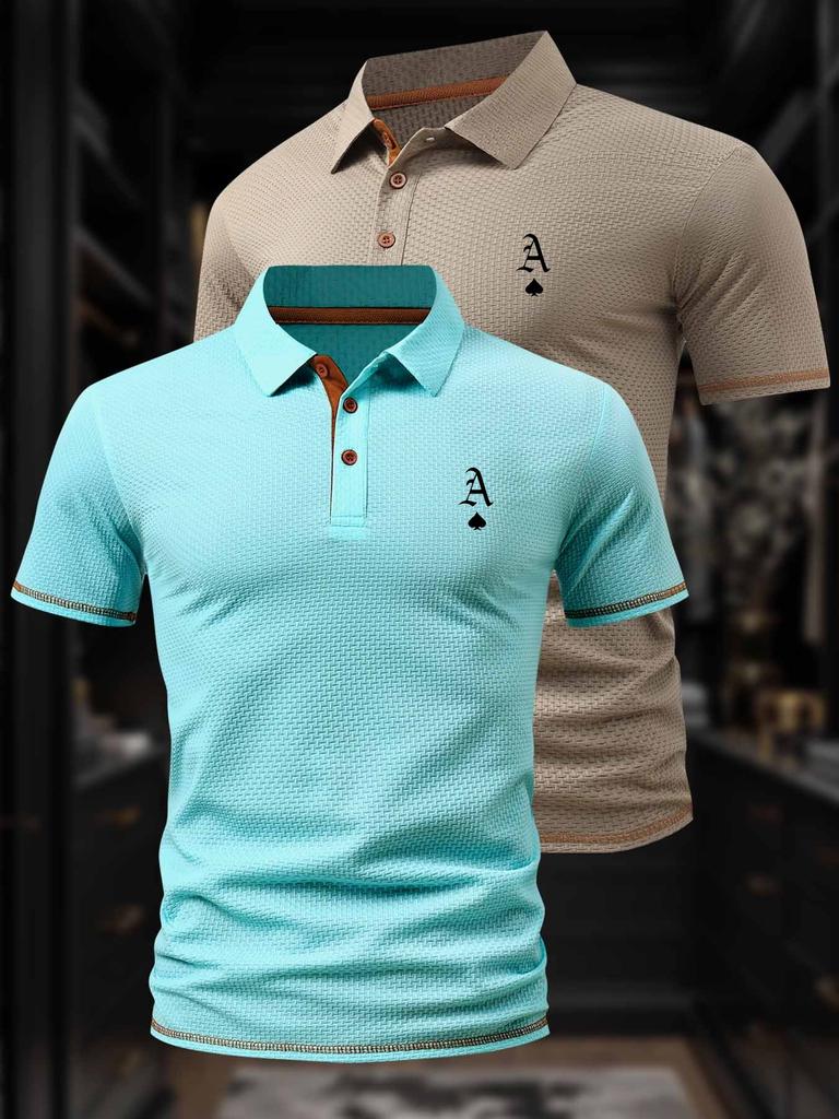 2 Pcs Men's Polo Shirts - Short Sleeve Casual Polo T Shirt Color Block & Stand Collar Slim Fit Golf Shirts