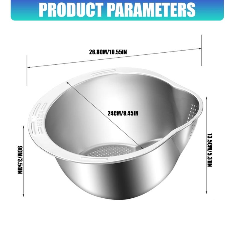 Steel Rice Washer Bowl with Side Drain Holes And Integrated Grater Small Colander for Cleaning Vegetable Bean Kitchen