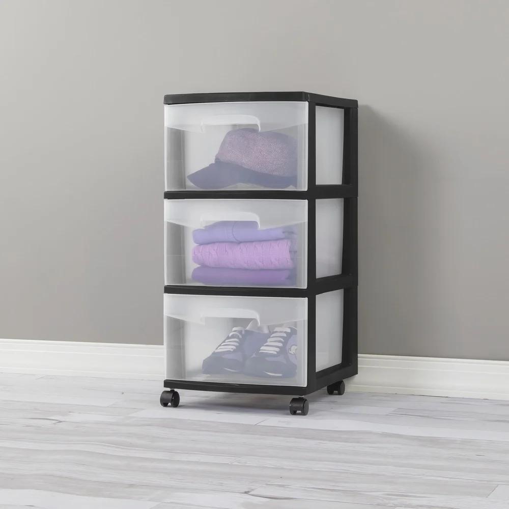 3 Drawer Plastic Storage Cart with Clear Drawers Rolling Organizer Bedroom Kitchen Bathroom Craft Room Portable Storage Solution
