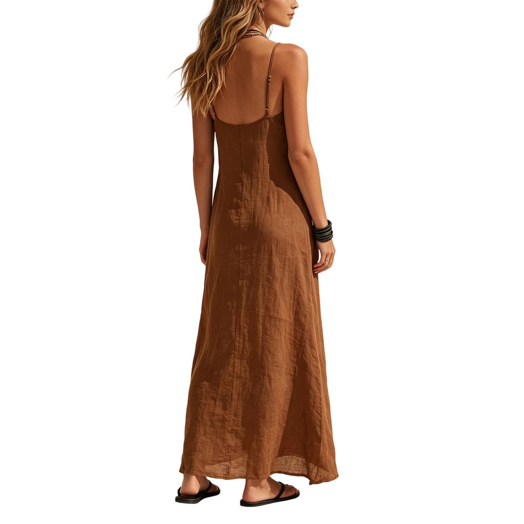 Women's V Neck Maxi Dress Summer Casual Vacation Dress Sleeveless Long Dress with Side Slit Lightweight Loose Fit Dress