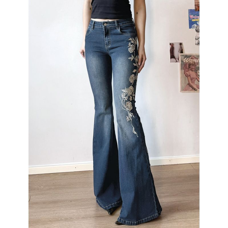 H's European and American Women's Clothing Millennium Retro Thorn Rose Embroider Washed Denim Women's Tight Blue Bell-Bottom Pants Tide