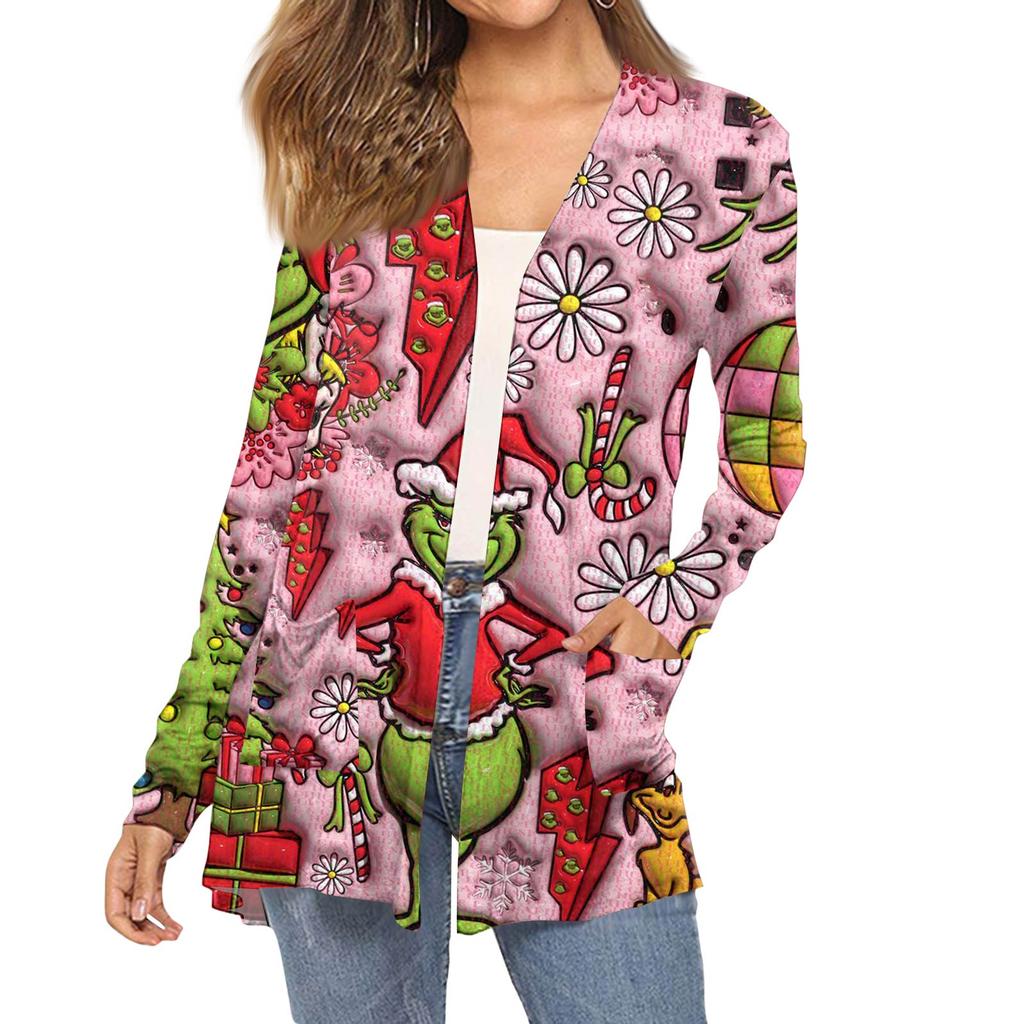 Women's Fashion Christmas Print Long-Sleeved Pocketed Slim-Fit Cardigan Coat