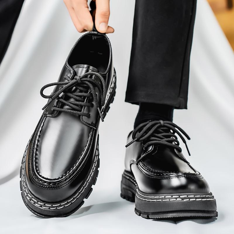 Men Gloss Leather Chunky Platform Oxford Shoes, Lace Up Non Slip Thick Sole Casual Formal Shoes For Office Daily Street Dating