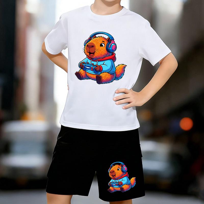 

Boys 2 Piece Cartoon beaver printed Outfit, Short Sleeve T-Shirt and Shorts Set for Kids Age 5-14,Black and White Sporty Casual Summer Clothes 13-14 Years білий