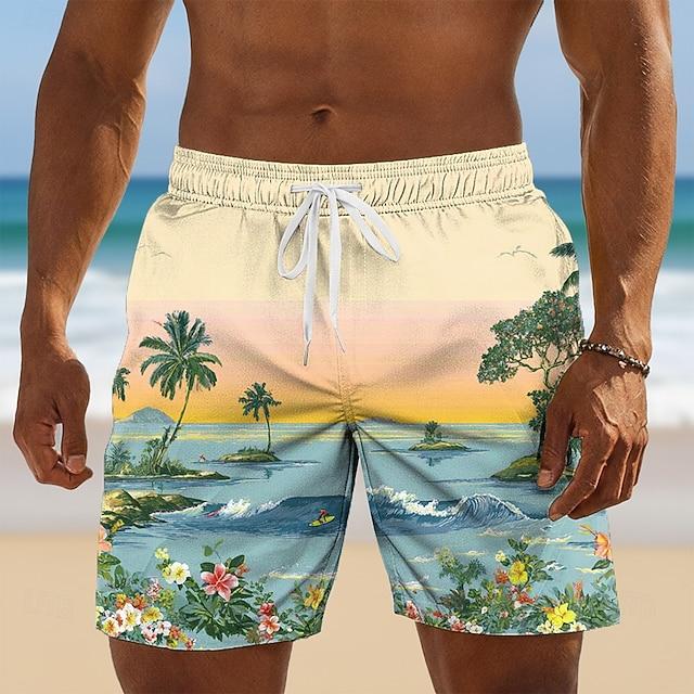 Men's Gradient Purple Palm Tree Print Beach Shorts Minimalist Tropical Graphic Quick Dry Swim Trunks Summer Swim Shorts