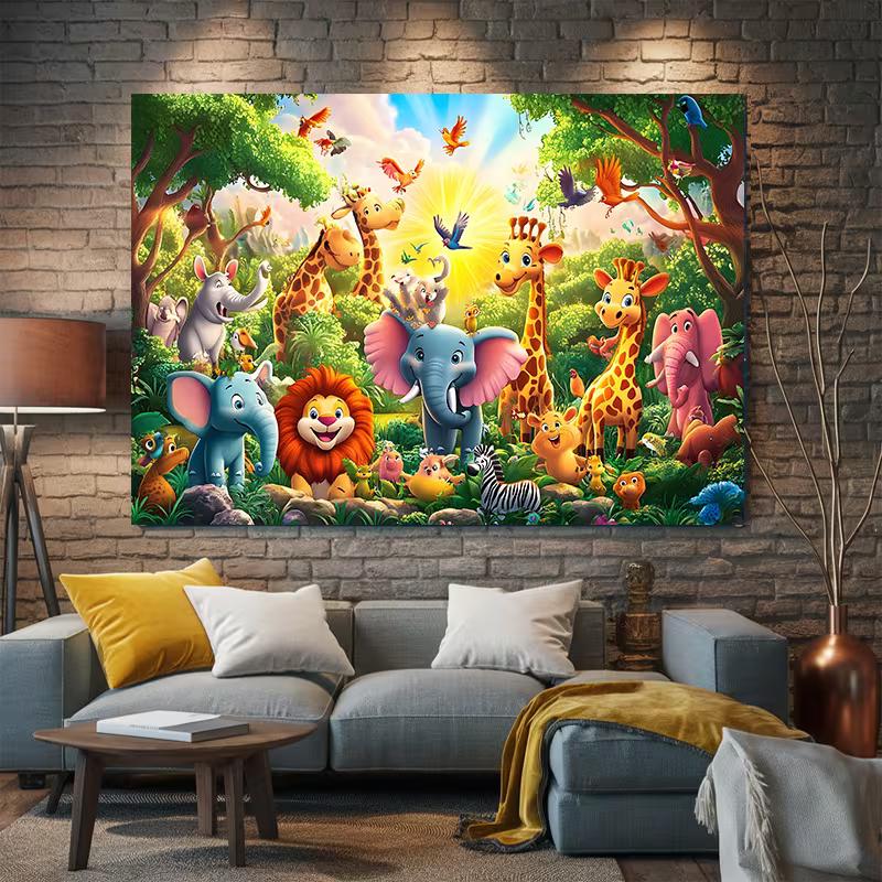 Cartoon Jungle Animals Tapestry, Kids Room Safari Background Cloth, Nursery Wall Decor