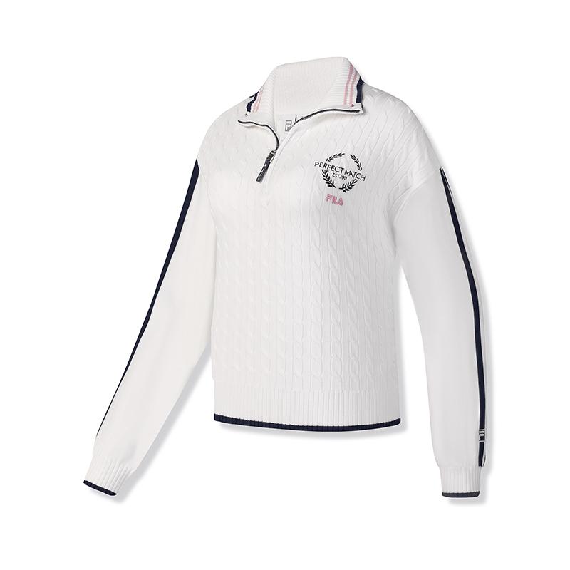 FILA Comfortable Stand Collar Half-Zip Knit Top Women tops Jade-White A11W513403FWT