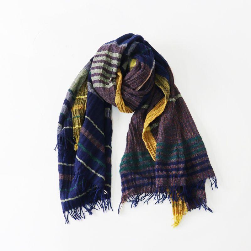 Used Pal'las Palace Nume Cotton Wool Color Striped Stole\Navy Shawl Large Fringe [2400015059693]