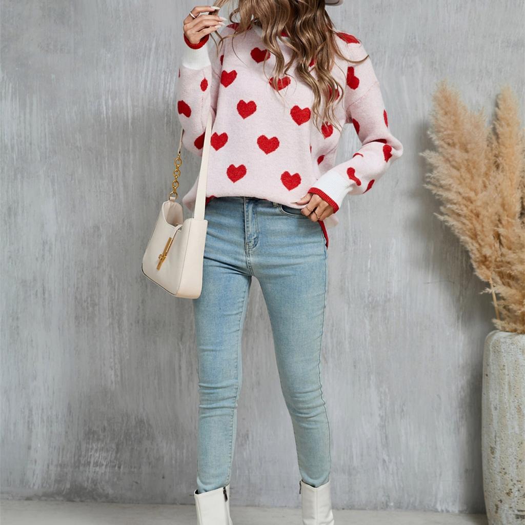 Women's Loose Casual  Fashion Round Neck Heart Sweater Knitted Bottoming Shirt Sweater