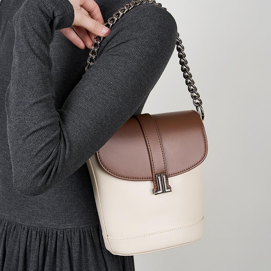 Fashionable Contrasting Color Bucket Bag New Versatile Single Shoulder Crossbody Bag Trendy Genuine Leather Women's Bag