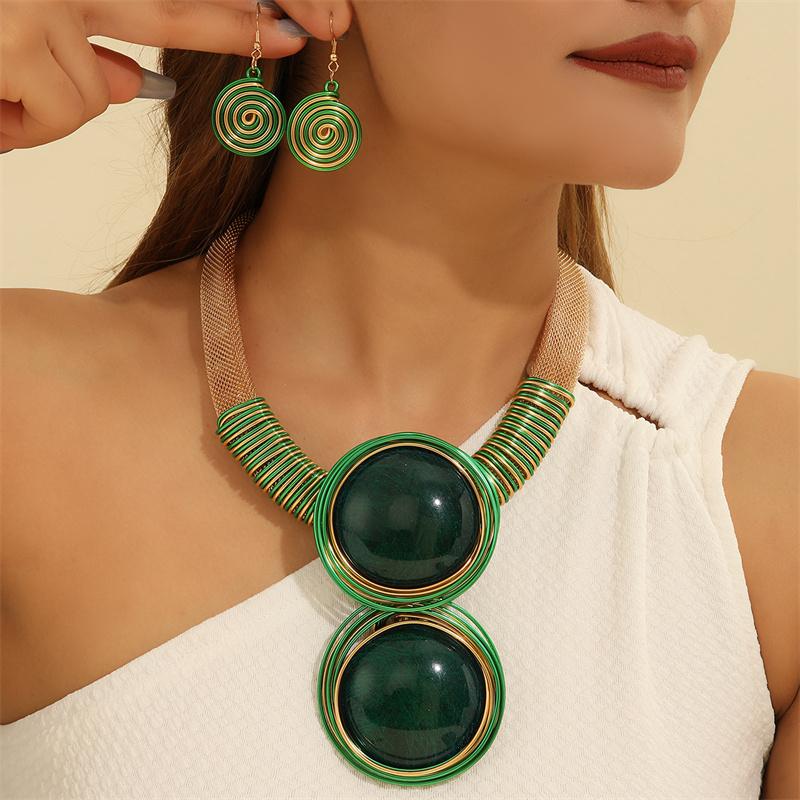 New African Colorful Round Geometry Zircon Set Aluminium Wire Necklace Earrings Set For Women Party Wedding Dress Gifts
