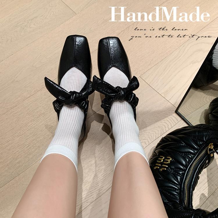 French bow Mary Jane shoes women's flat bottom square head single shoes women's 2025 spring new versatile leather women's shoes