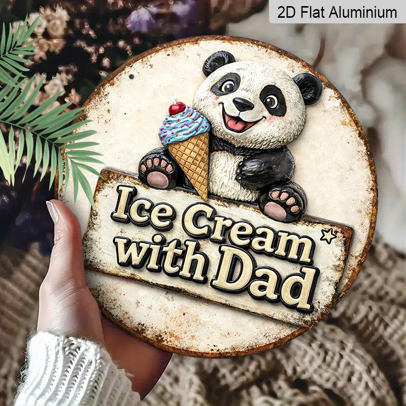 2D Flat, 1pc Round Aluminum Hanging Sign - "Ice Cream with Dad" Cute Panda Vintage Metal Wall Art, Retro Summer Sweet Design, Perfect for Father's