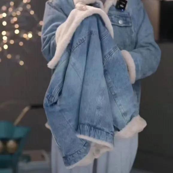 Girl's Autumn and Winter Padded and Thickened Long-sleeved Warm Denim Jacket Middle and Large Children Single-breasted Solid Color Lapel Jacket