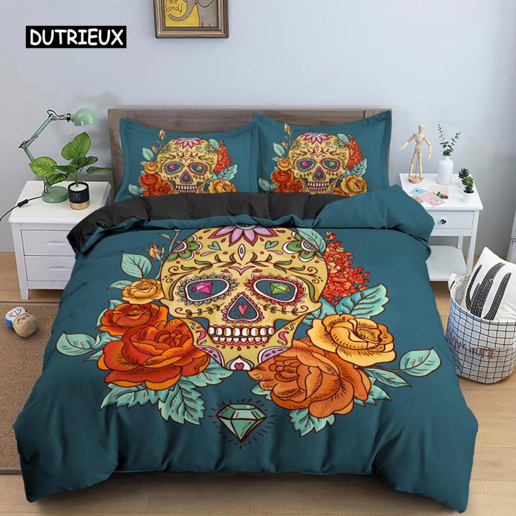 Skull Duvet Cover Set King Queen Size Gothic Rose Flowers And Skull Bones Bedding Set Microfiber Horror Skeleton Comforter Cover