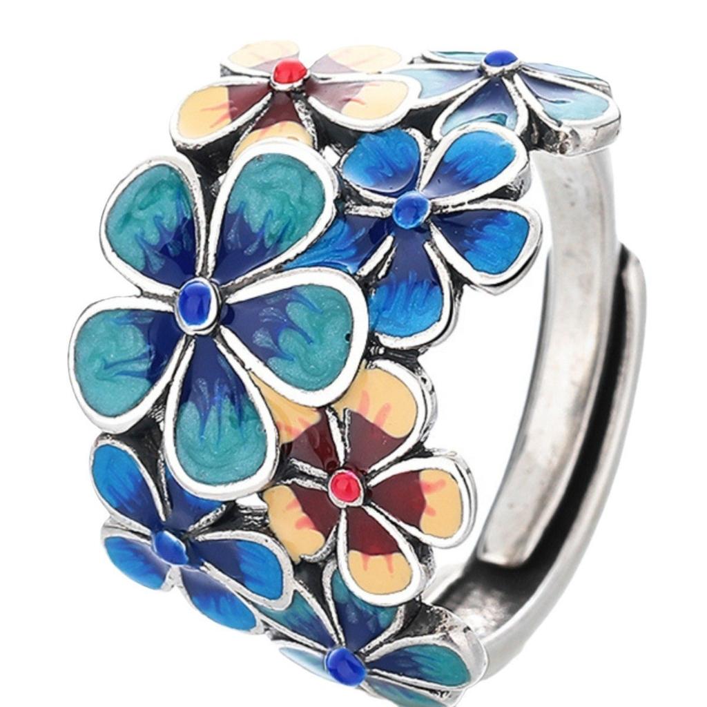 1PC Flowering Ring Women's Atmosphere Retro Ethnic Style Opening Adjustable Creative Index Finger Ring