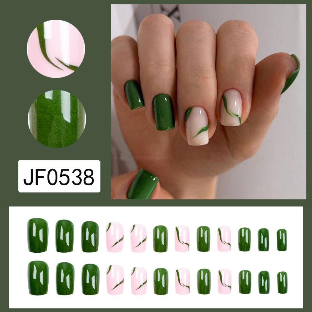 24pcs Nail Tips White Edge Press On Nails Fake Nials False Nails Green Ripple French Long Square
