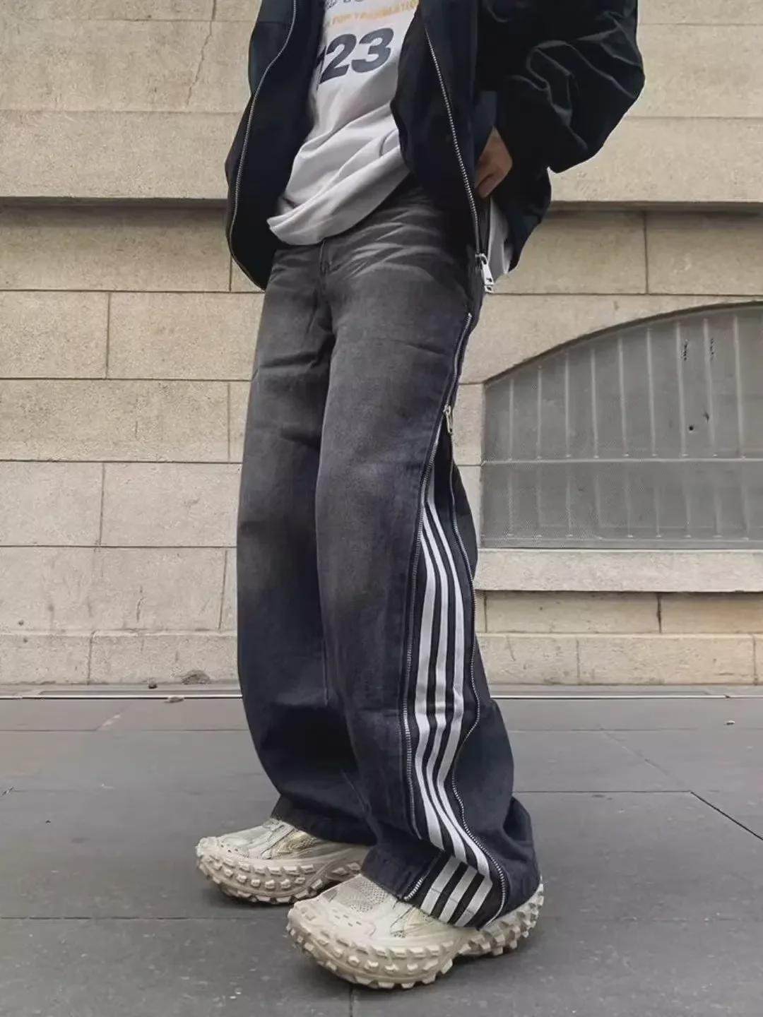 

Мужские черные полосатые ретро-джинсы прямого кроя - мода весна/осень L чёрный