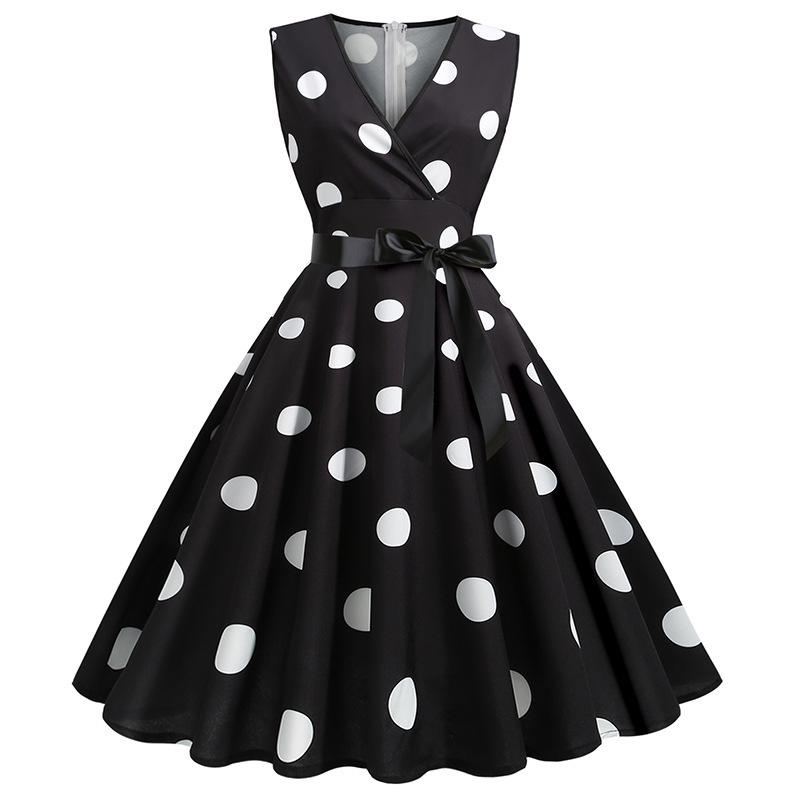 Z Women's V-Neck Polka Dot Sleeveless Tie-Waist Retro Summer Swing Dress