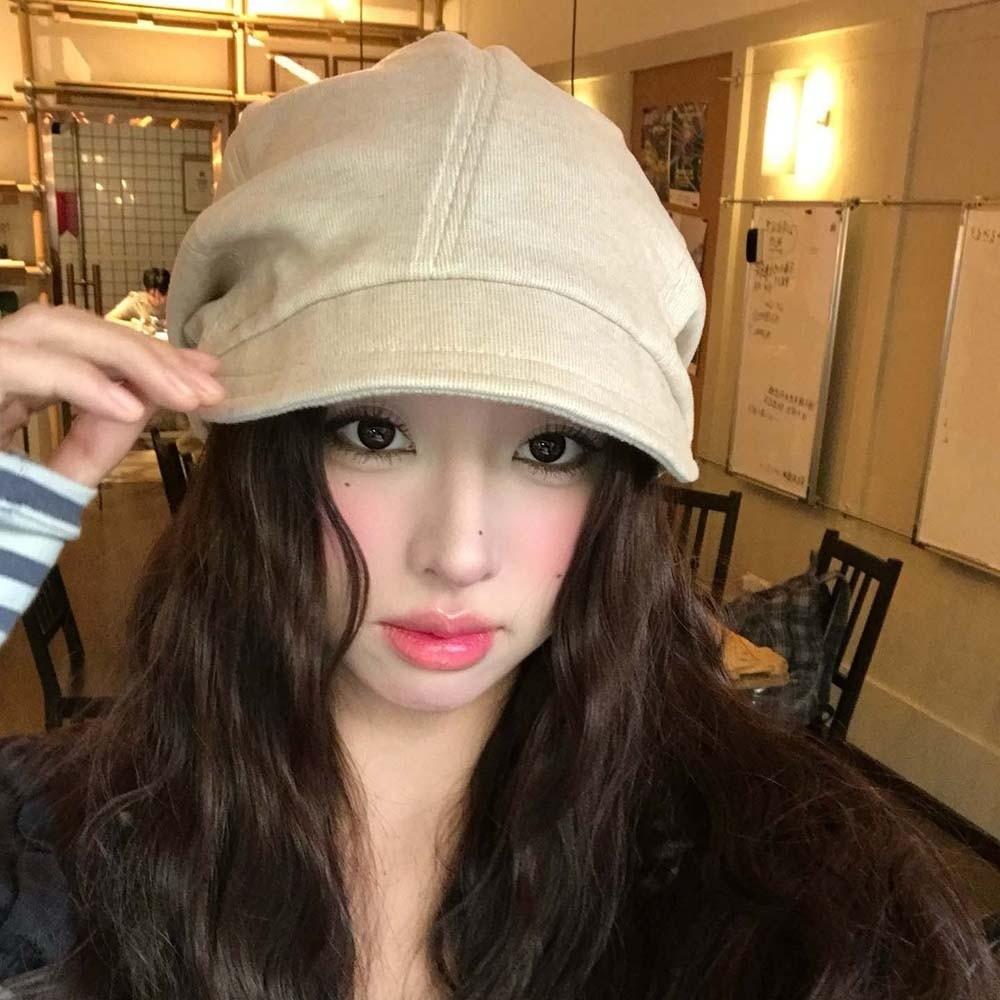 Rivet Ornament Short Brim Hat Solid Color Studded Beanie Slouchy Beret Street Styling