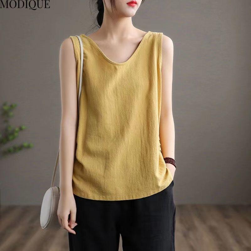 MODIQUE Summer Plus Size New Women's Loose Linen Solid Color Sleeveless Tank Top Ladies Casual Minimalist V-Neck Vest