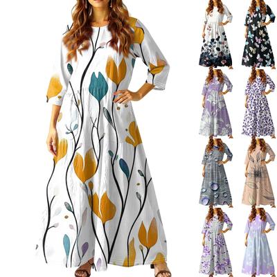 Γυναικείο Φόρεμα με Στάμπα, Μακρύ, Στενή Σόλα και Τσέπες, με Μικρά Μανίκια και Vintage Φλοράλ Στάμπα