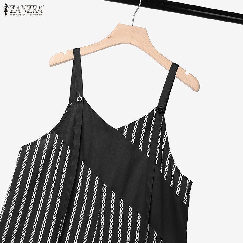 ZANZEA Womens Stripe Print Loose Casual Sleeveless Dungarees Wide Leg Jumpsuits