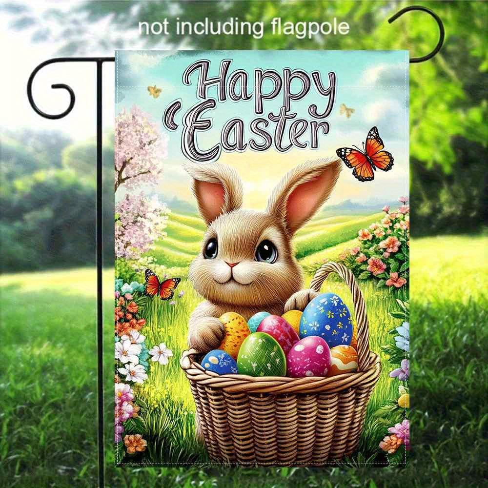 1pc Easter Garden Flag - 2D Flat Print, Linen Blend, Double-Sided Design with Cute Bunny & Colorful Eggs, No Pole Included, Perfect for Outdoor Decor,