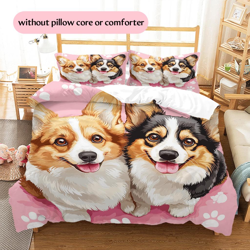 Pink Corgi Pattern Bedding Home Decoration Birthday Gift (1 * duvet cover + 2 * pillowcase, without core)